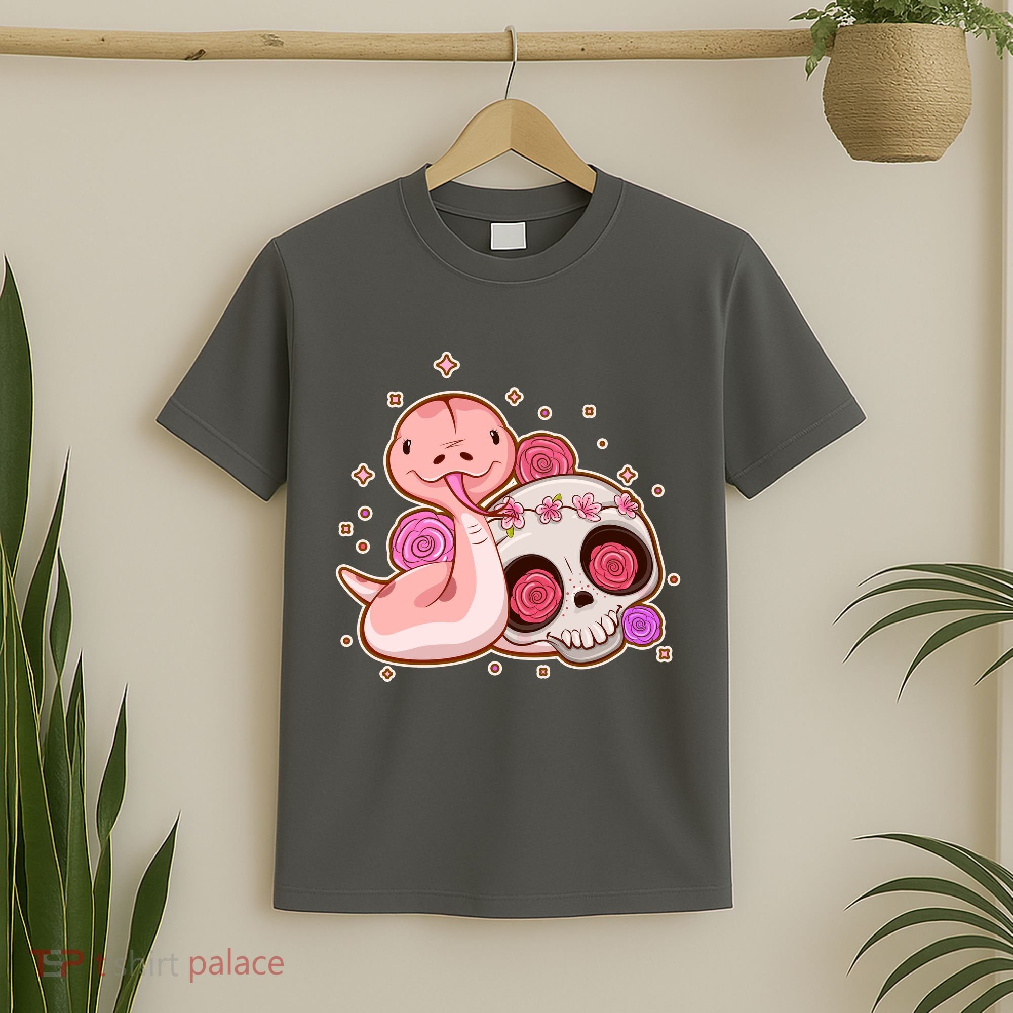 Funny Cute Snake and Flower Skull T-Shirt