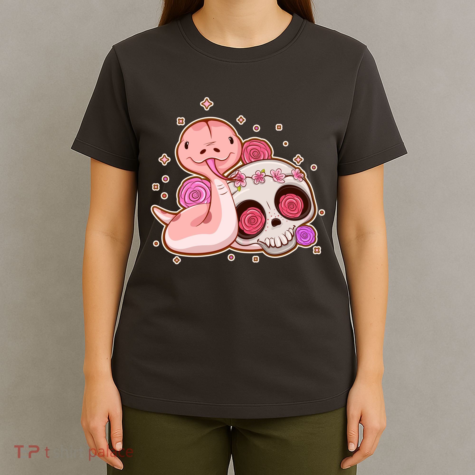 Funny Cute Snake and Flower Skull T-Shirt