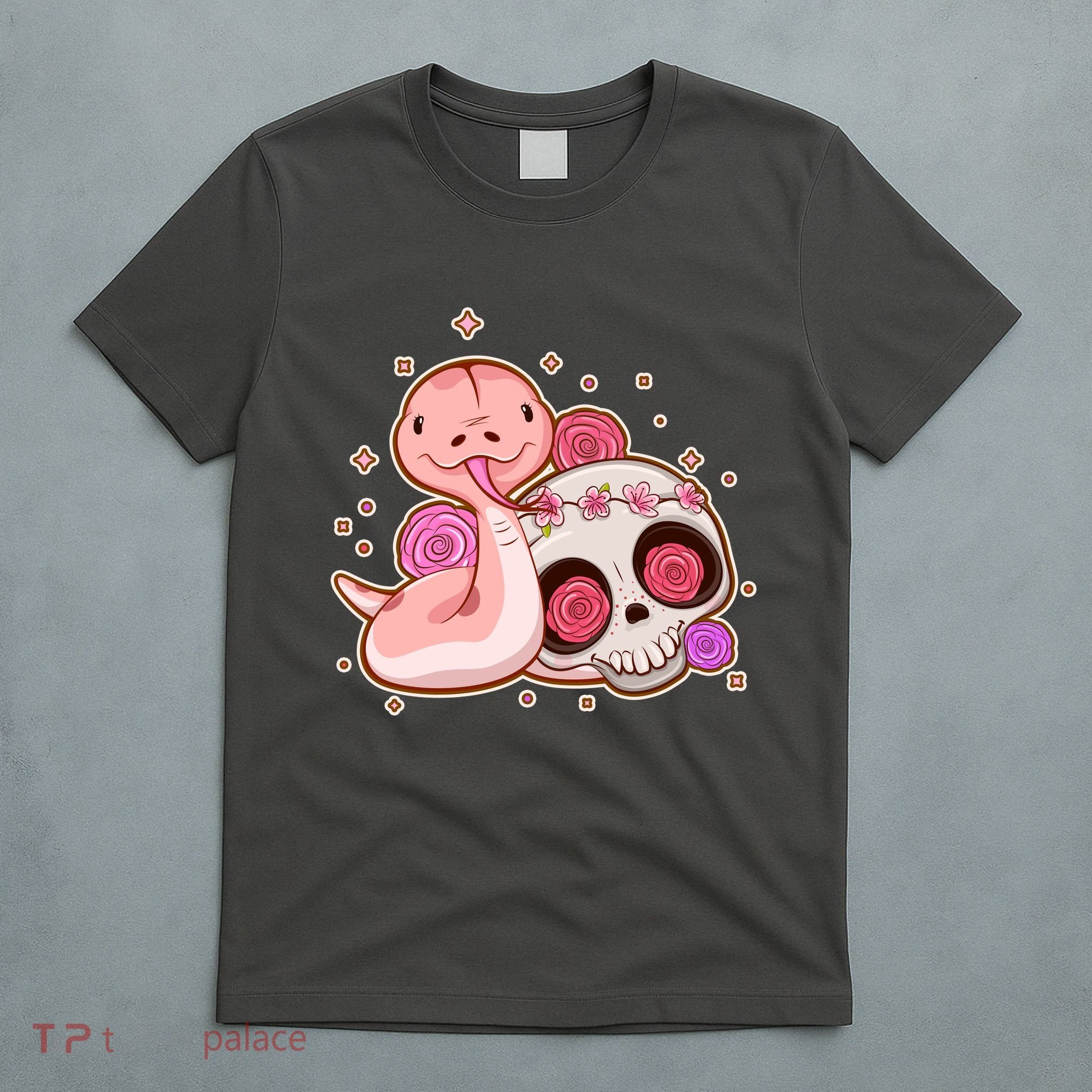 Funny Cute Snake and Flower Skull T-Shirt