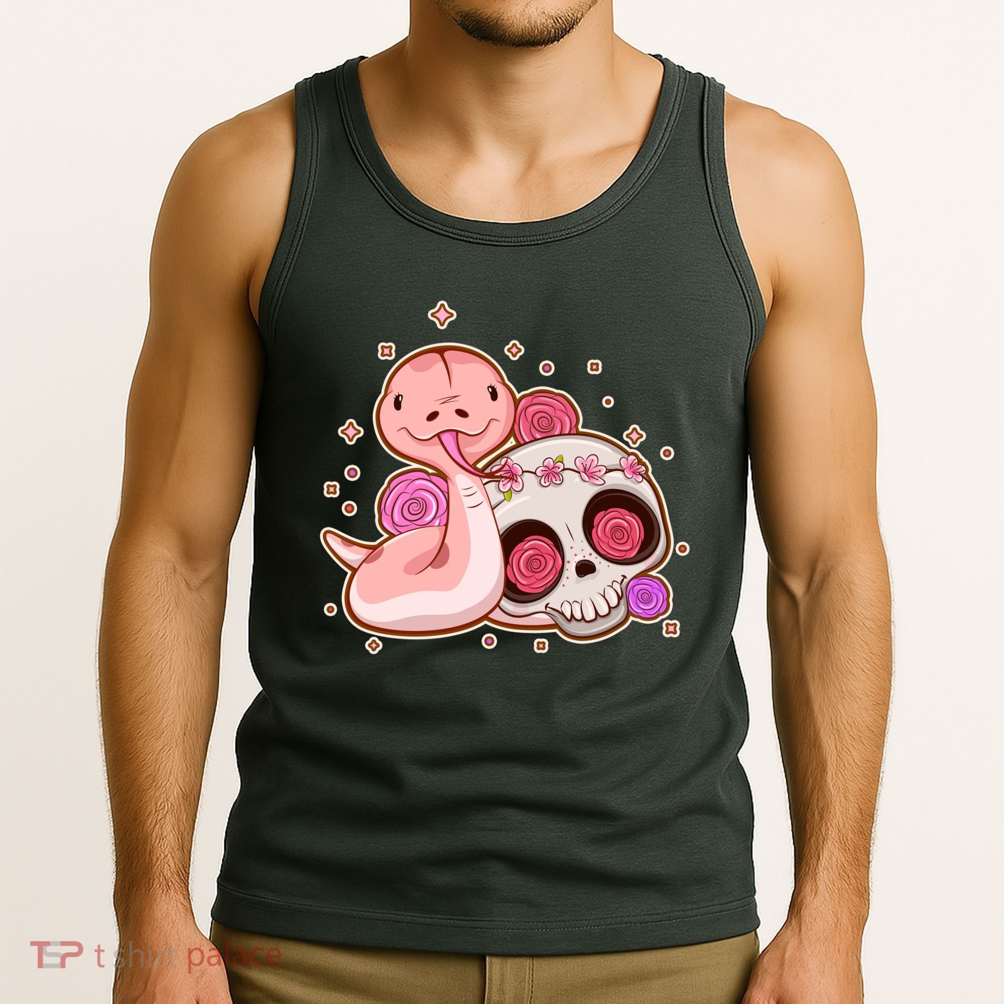 Funny Cute Snake and Flower Skull Tank Top