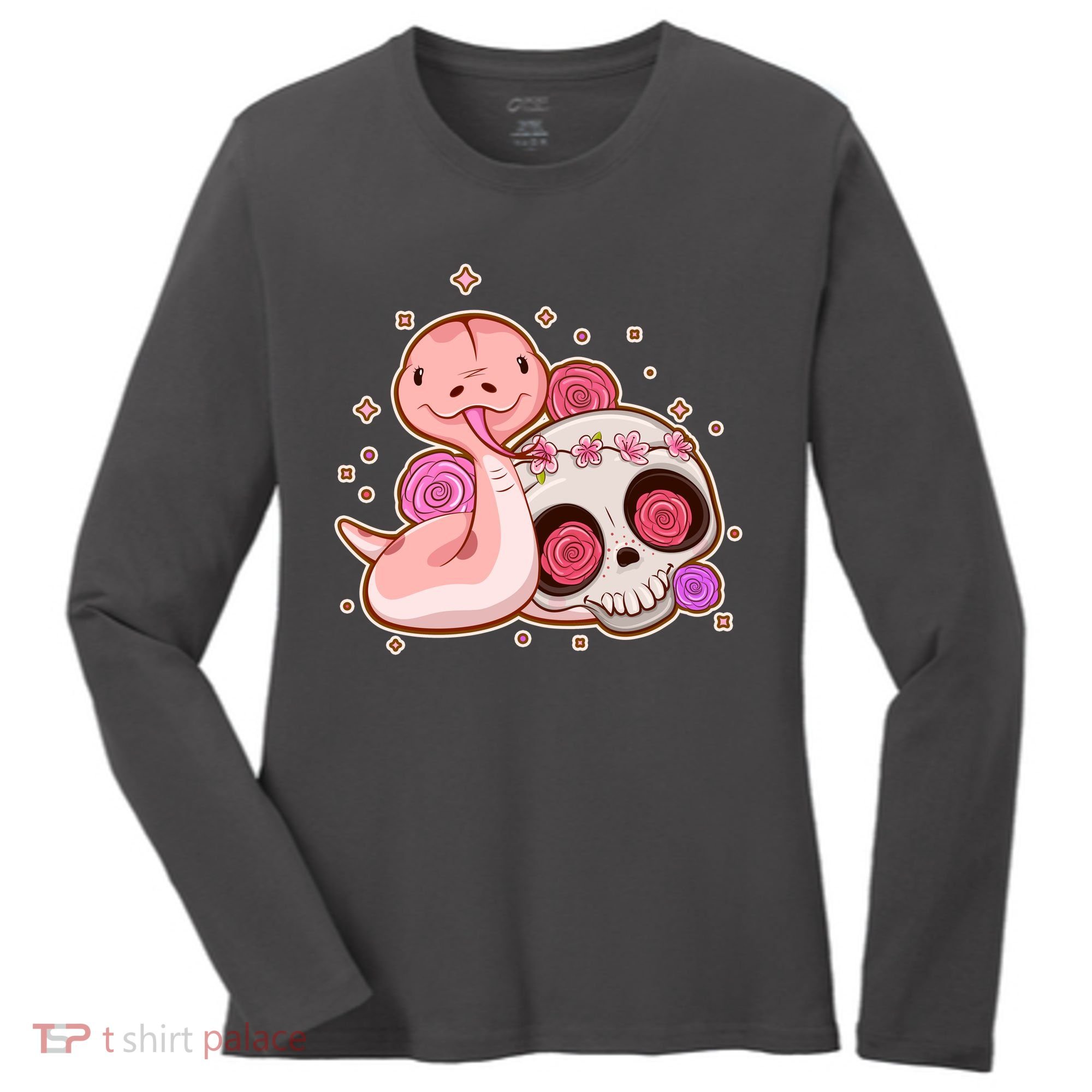 Funny Cute Snake and Flower Skull Women's Long Sleeve Shirt
