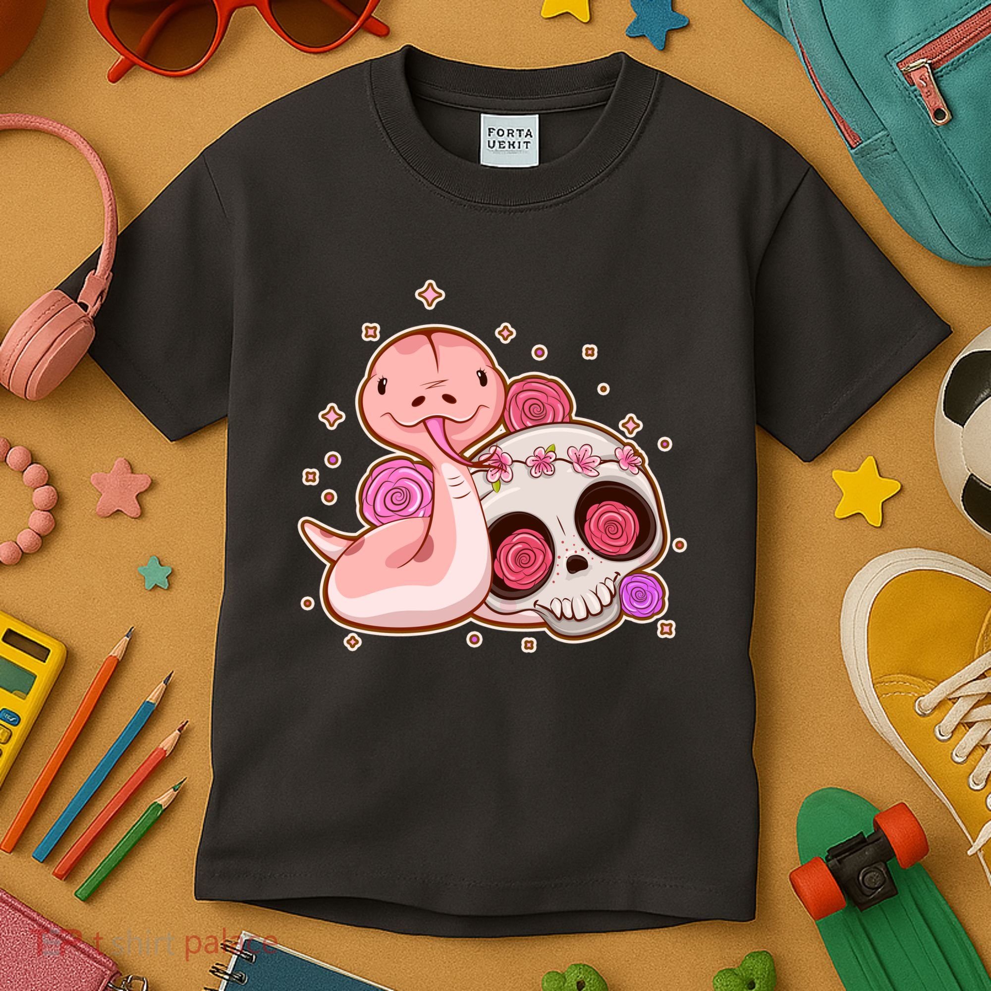 Funny Cute Snake and Flower Skull Kids T-Shirt