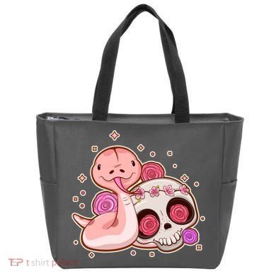Funny Cute Snake and Flower Skull Tote Bag