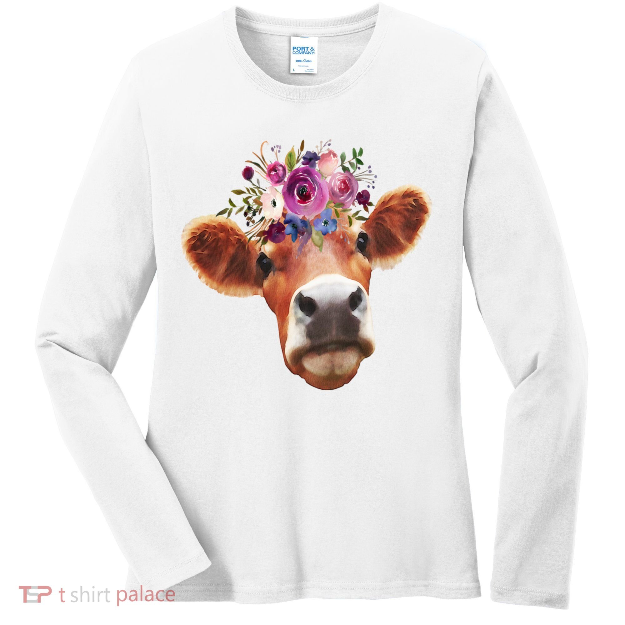 Floral Cow Spring Nature Women's Long Sleeve Shirt
