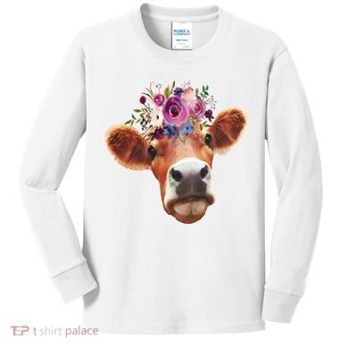 Floral Cow Spring Nature Kids Long Sleeve Shirt