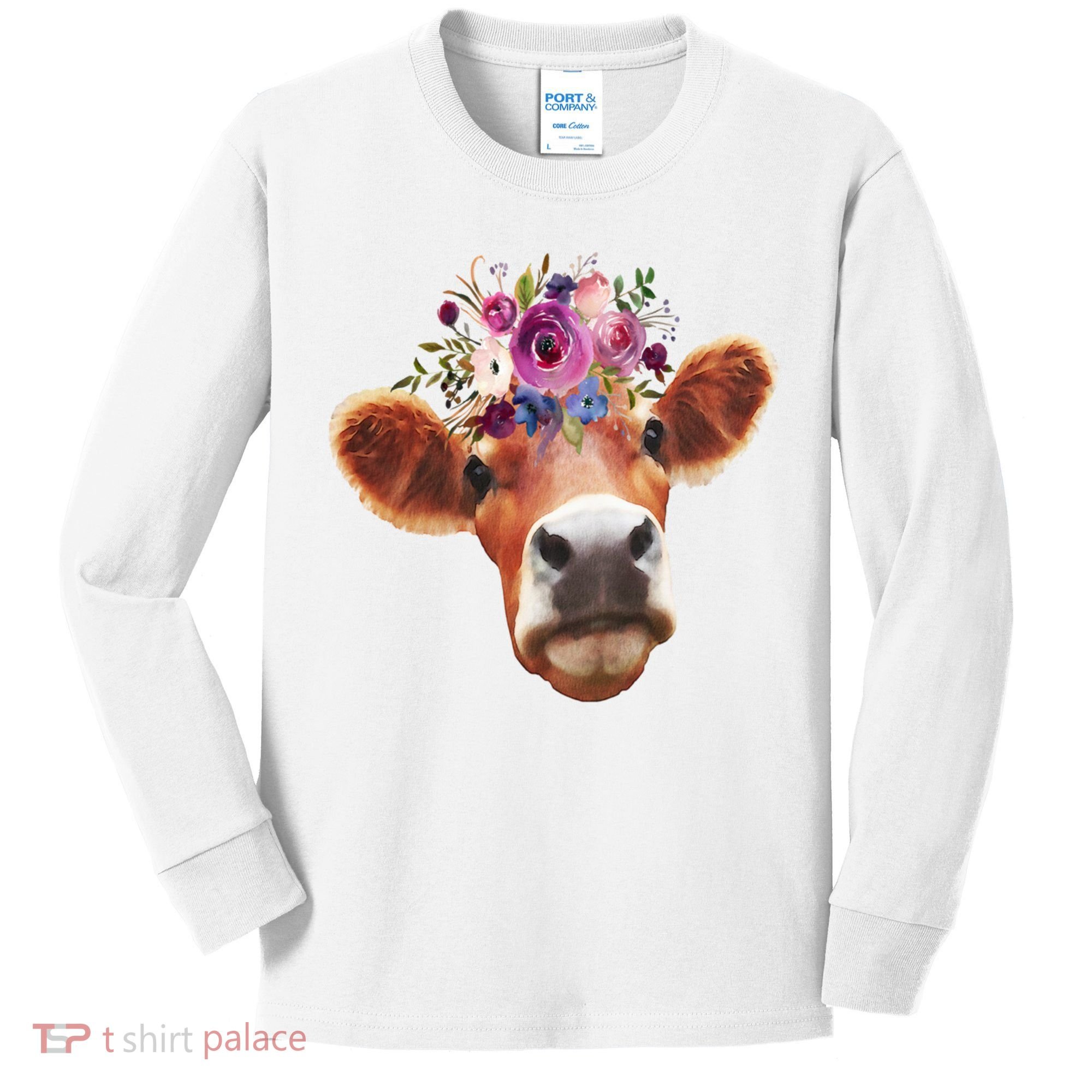 Floral Cow Spring Nature Kids Long Sleeve Shirt