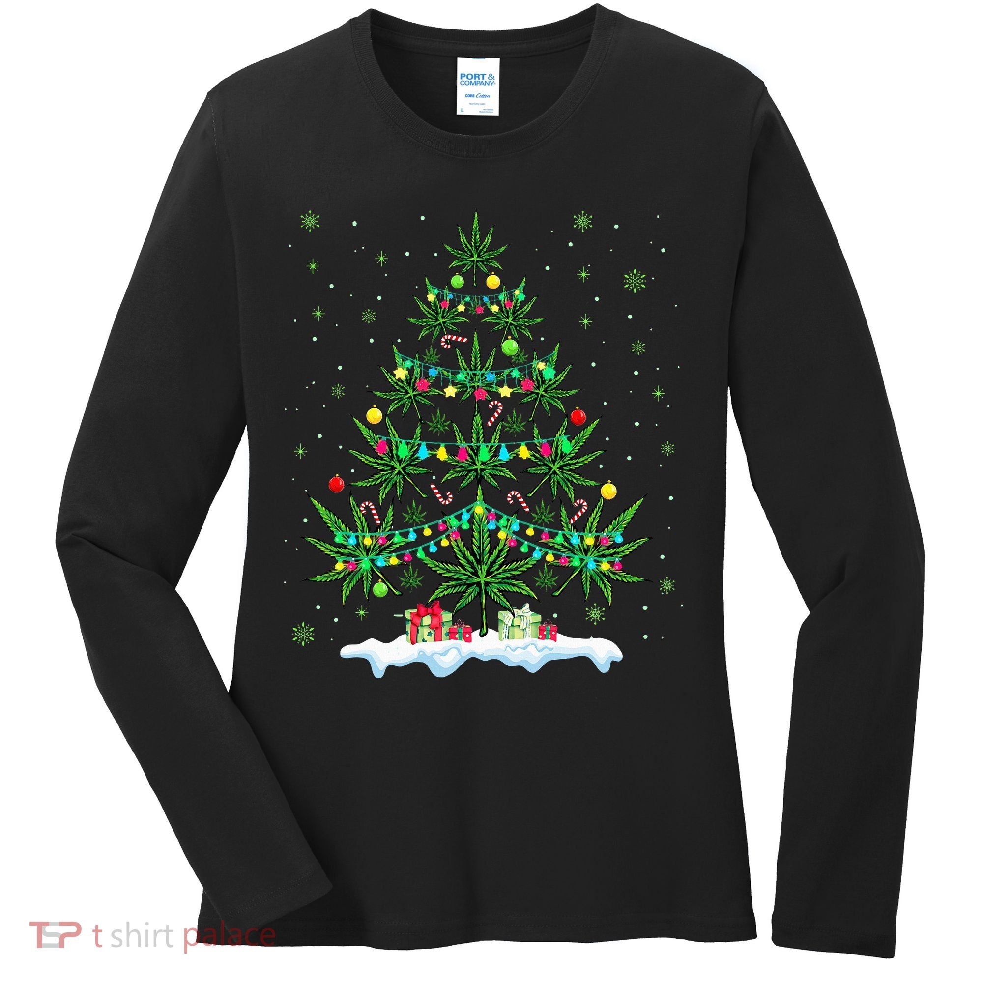Festive Cannabis Tree Hilarious Xmas Decor for Marijuana Enthusiasts Women's Long Sleeve Shirt