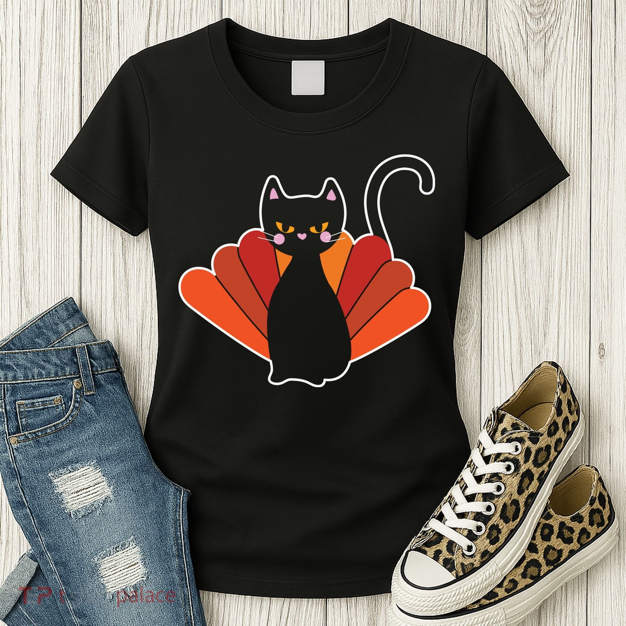 Funny Cute Thanksgiving Cat Turkey Women's T-Shirt