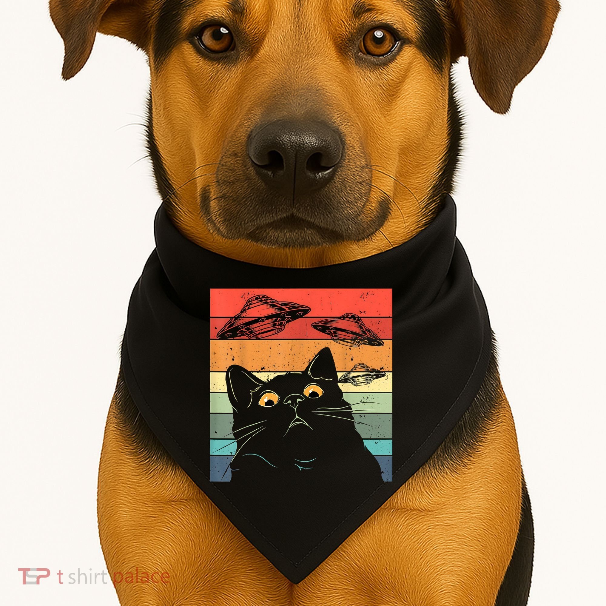 Funny Cat Tee, Galaxy Cat Spaceship Alien Cat UFO USA-Made Doggie Bandana