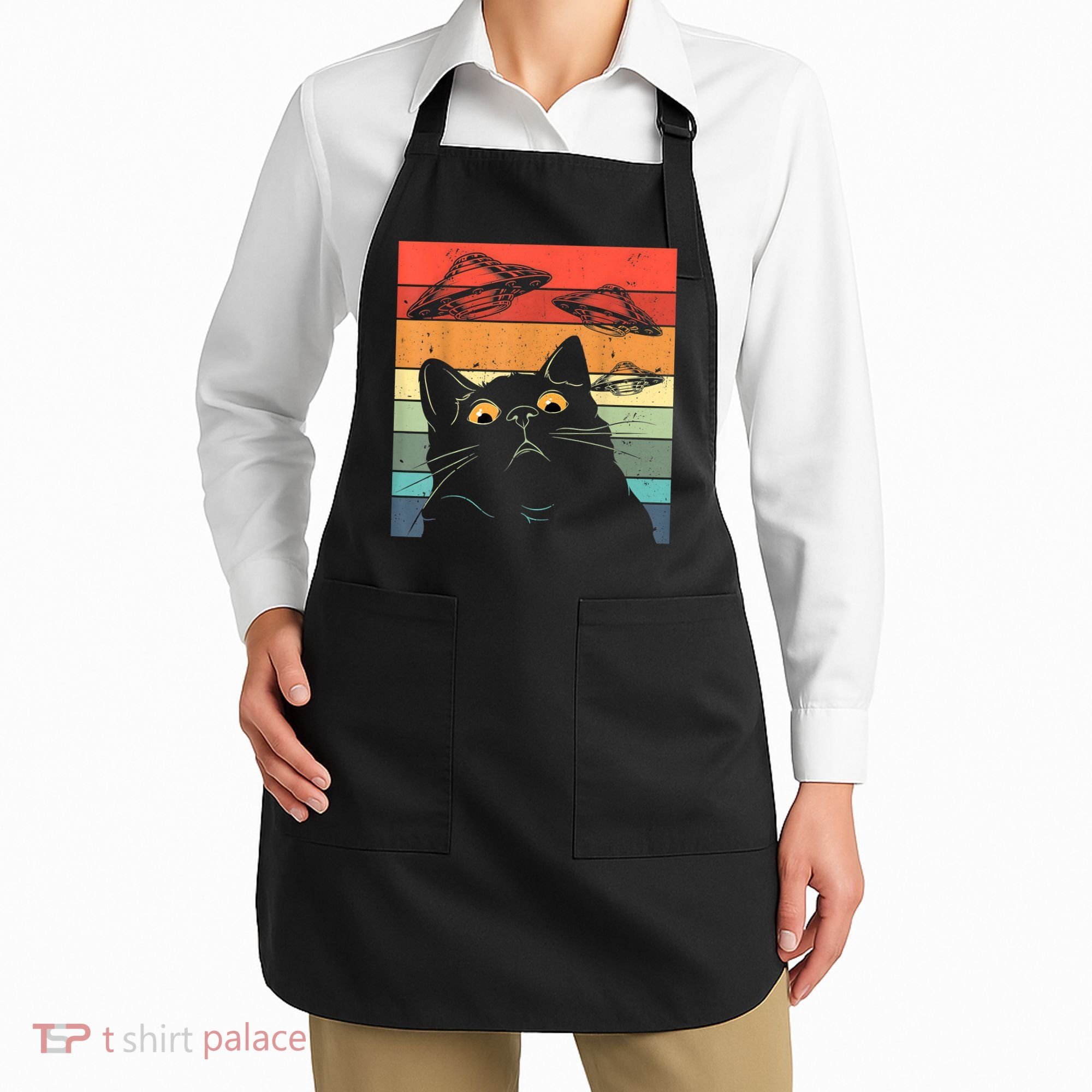 Funny Cat Tee, Galaxy Cat Spaceship Alien Cat UFO Apron