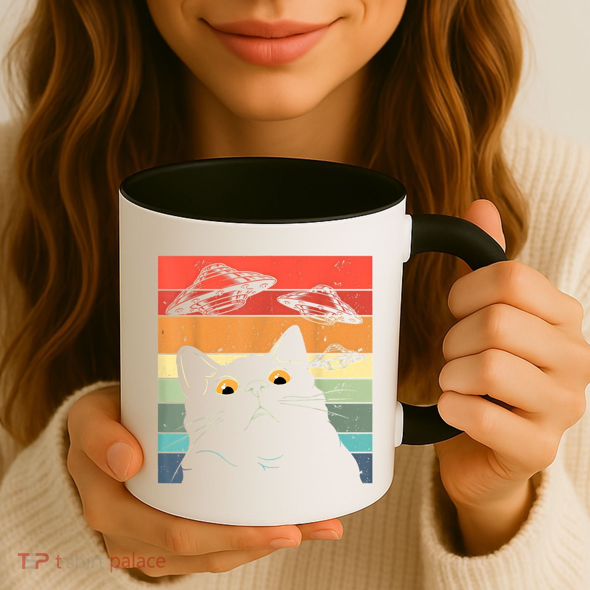 Funny Cat Tee, Galaxy Cat Spaceship Alien Cat UFO Coffee Mug