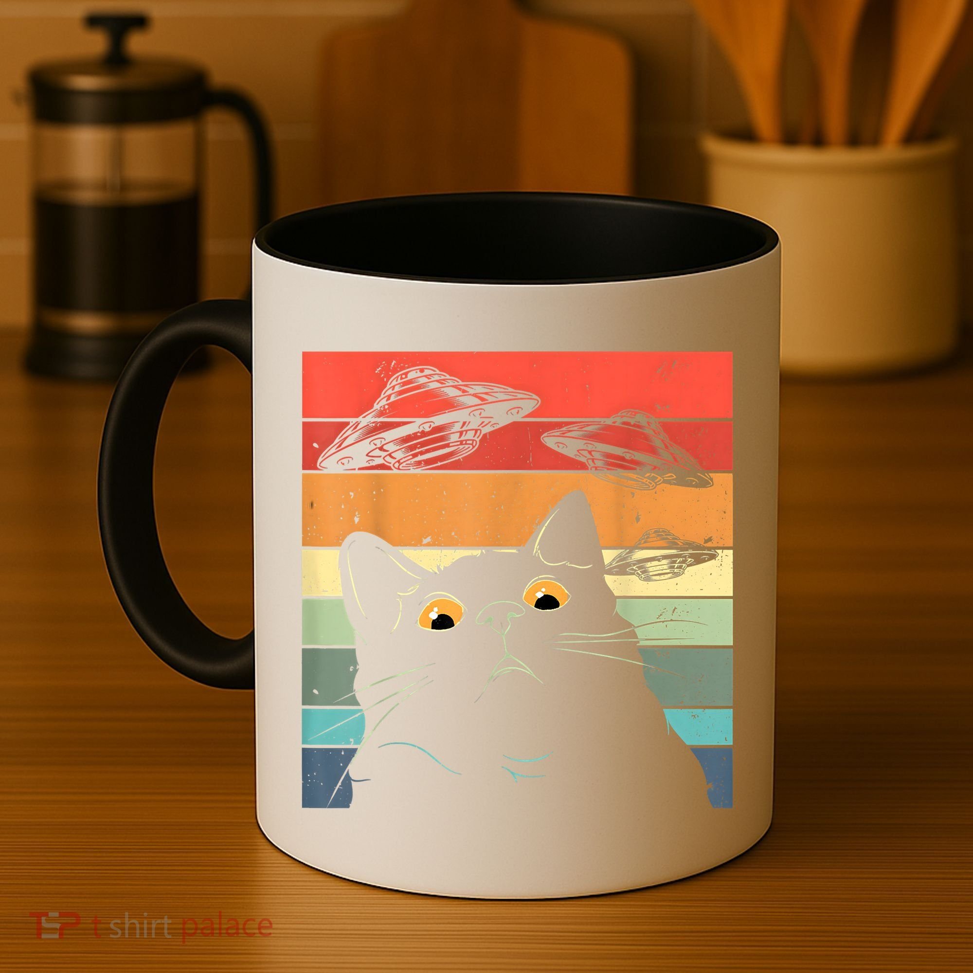 Funny Cat Tee, Galaxy Cat Spaceship Alien Cat UFO Coffee Mug
