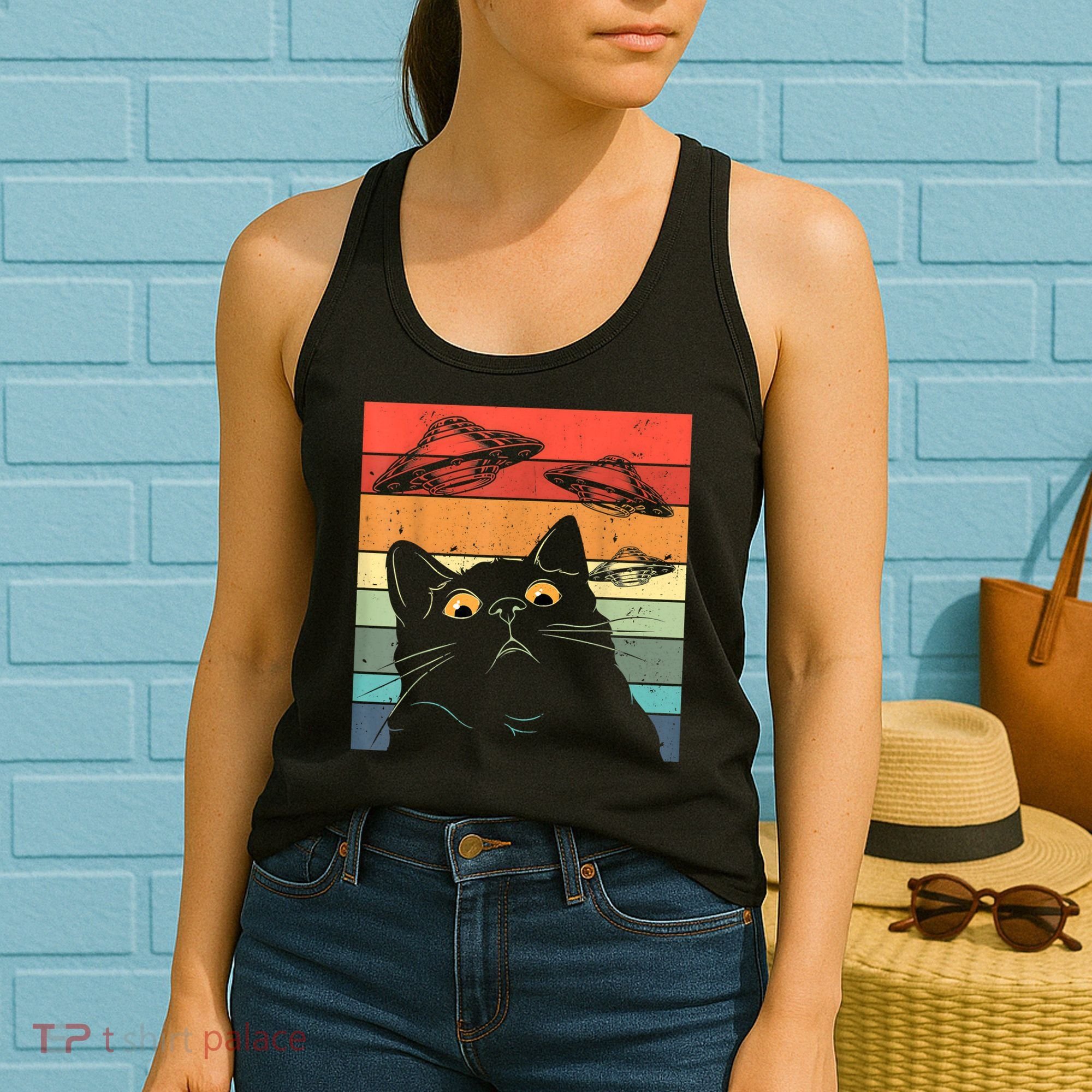 Funny Cat Tee, Galaxy Cat Spaceship Alien Cat UFO Women's Tank Top
