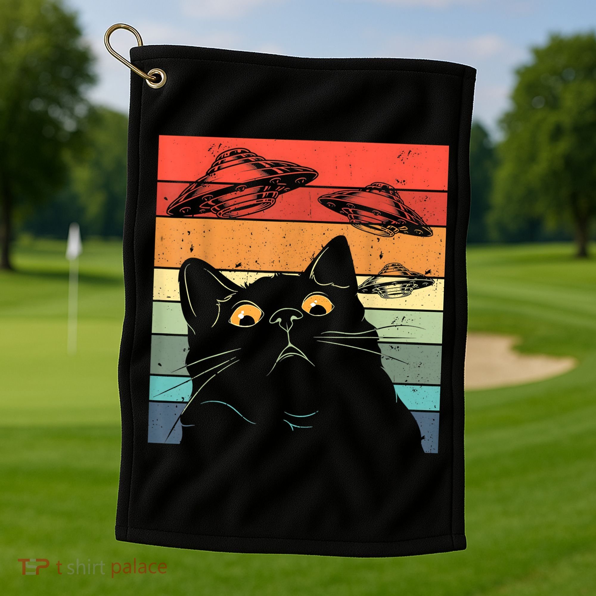Funny Cat Tee, Galaxy Cat Spaceship Alien Cat UFO Golf Towel