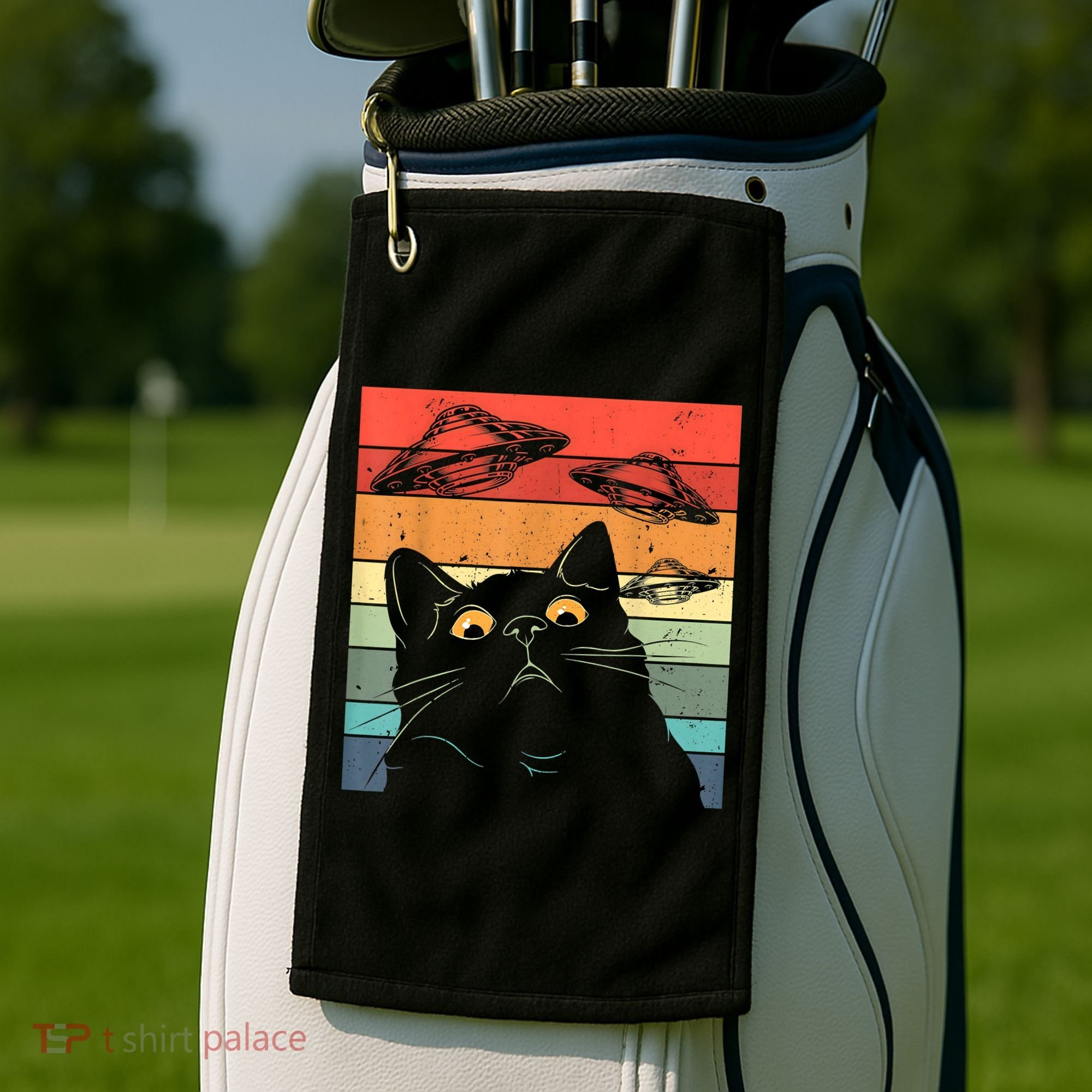 Funny Cat Tee, Galaxy Cat Spaceship Alien Cat UFO Golf Towel