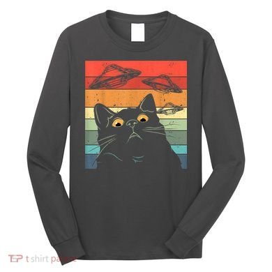 Funny Cat Tee, Galaxy Cat Spaceship Alien Cat UFO Long Sleeve Shirt