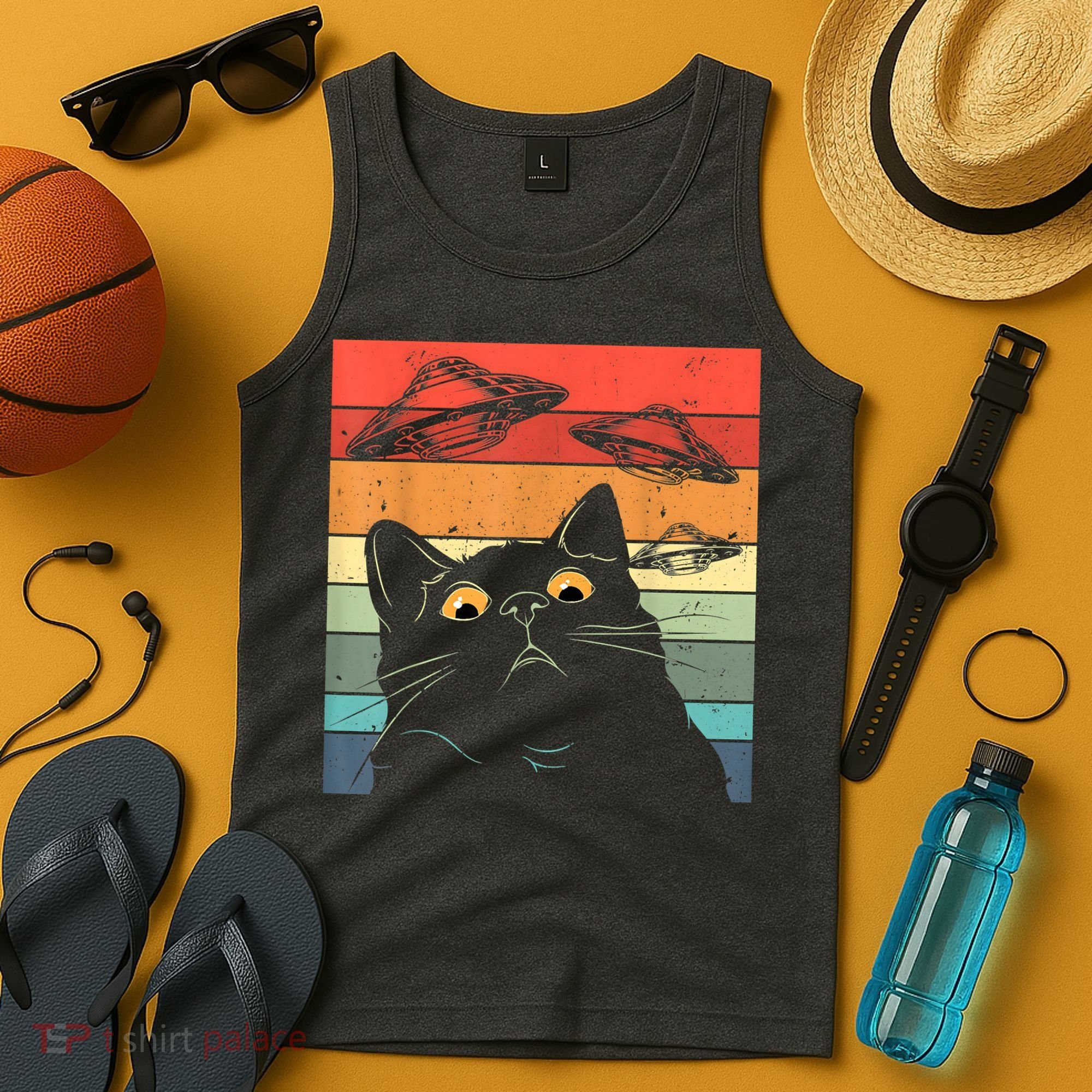 Funny Cat Tee, Galaxy Cat Spaceship Alien Cat UFO Tank Top