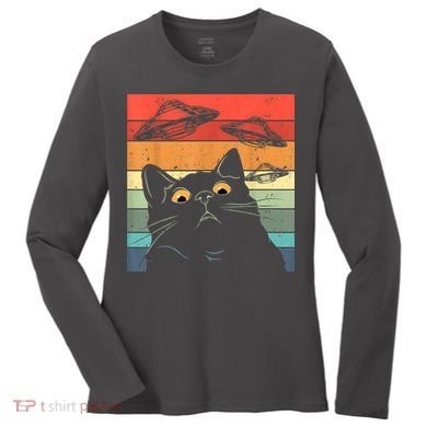 Funny Cat Tee, Galaxy Cat Spaceship Alien Cat UFO Women's Long Sleeve Shirt