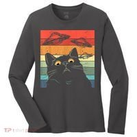 Funny Cat Tee, Galaxy Cat Spaceship Alien Cat UFO Women's Long Sleeve Shirt thumb 0