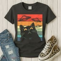 Funny Cat Tee, Galaxy Cat Spaceship Alien Cat UFO Women's T-Shirt thumb 3