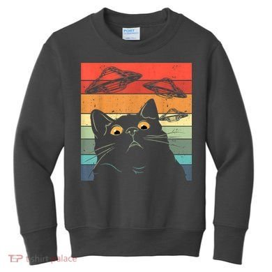 Funny Cat Tee, Galaxy Cat Spaceship Alien Cat UFO Kids Sweatshirt