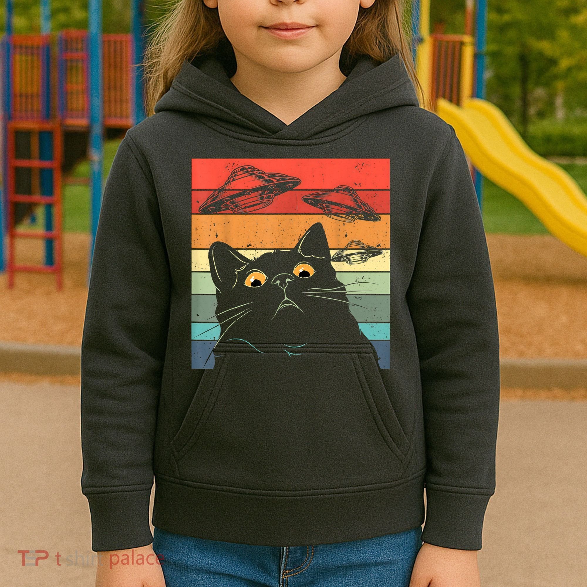 Funny Cat Tee, Galaxy Cat Spaceship Alien Cat UFO Kids Hoodie