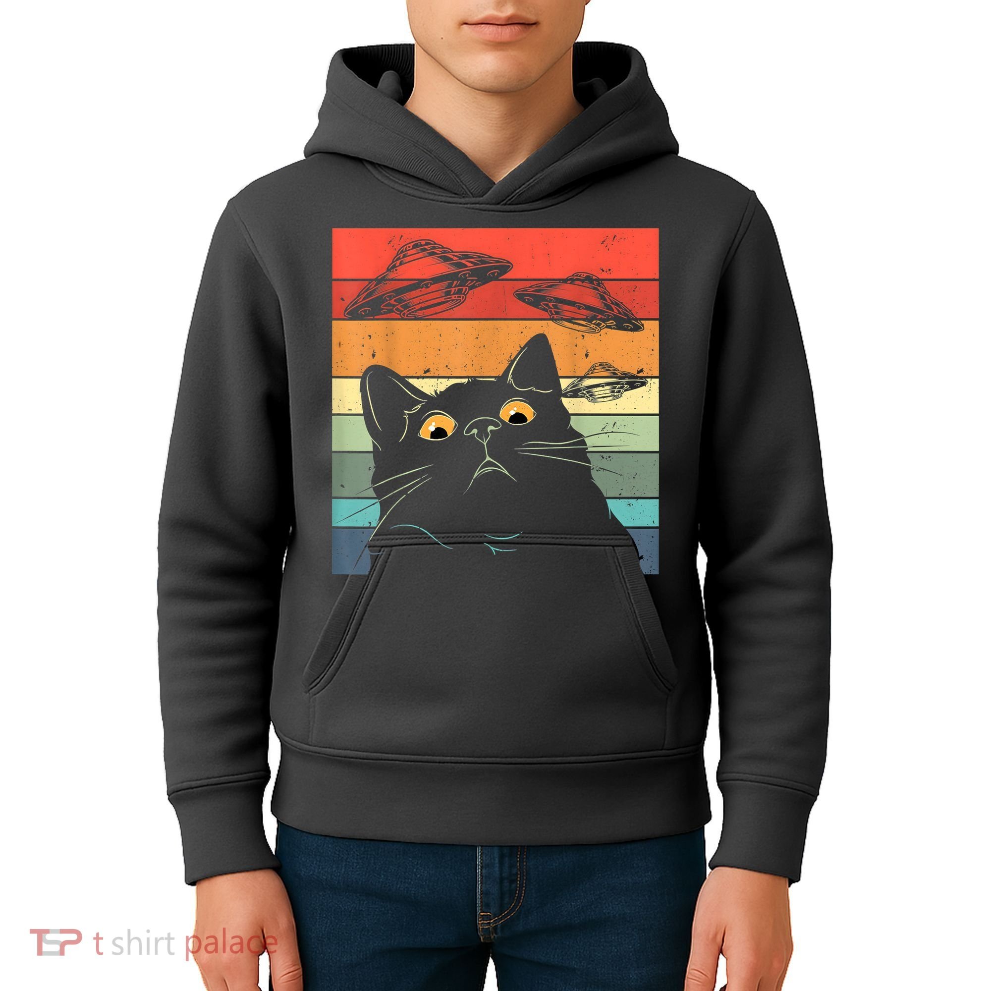 Funny Cat Tee, Galaxy Cat Spaceship Alien Cat UFO Kids Hoodie