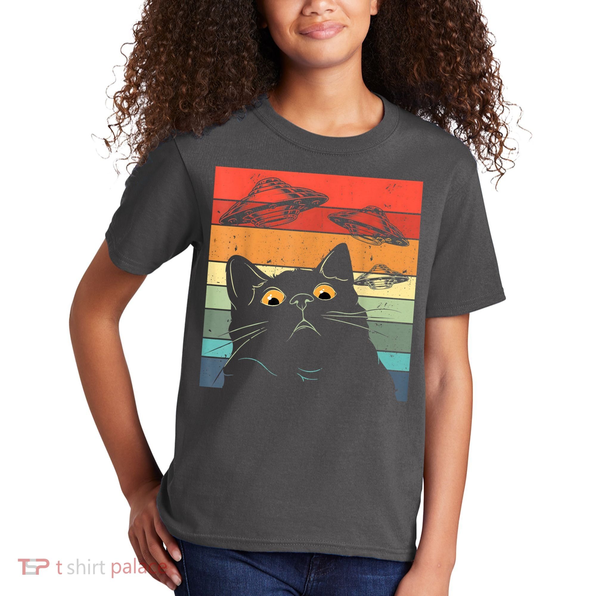 Funny Cat Tee, Galaxy Cat Spaceship Alien Cat UFO Kids T-Shirt