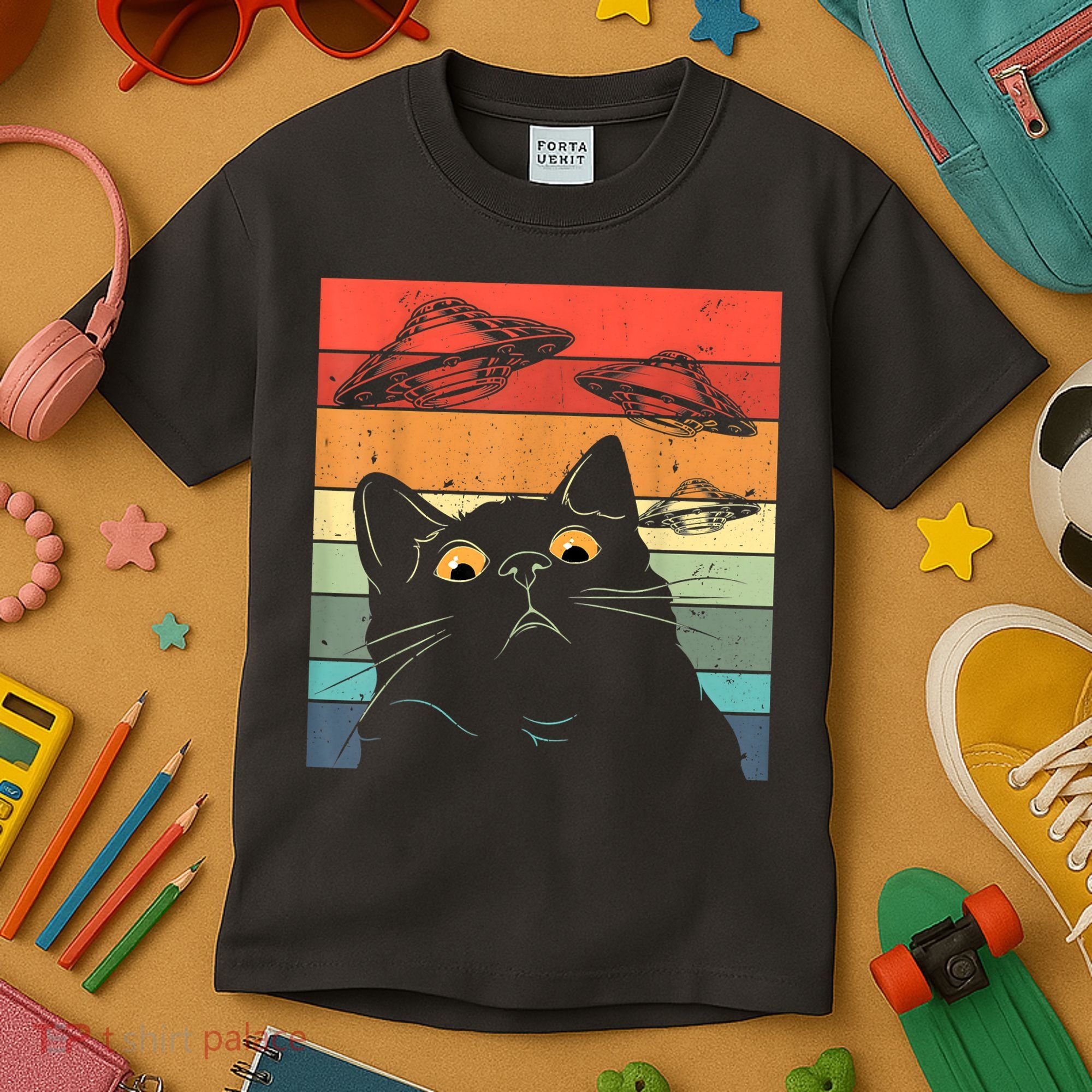 Funny Cat Tee, Galaxy Cat Spaceship Alien Cat UFO Kids T-Shirt