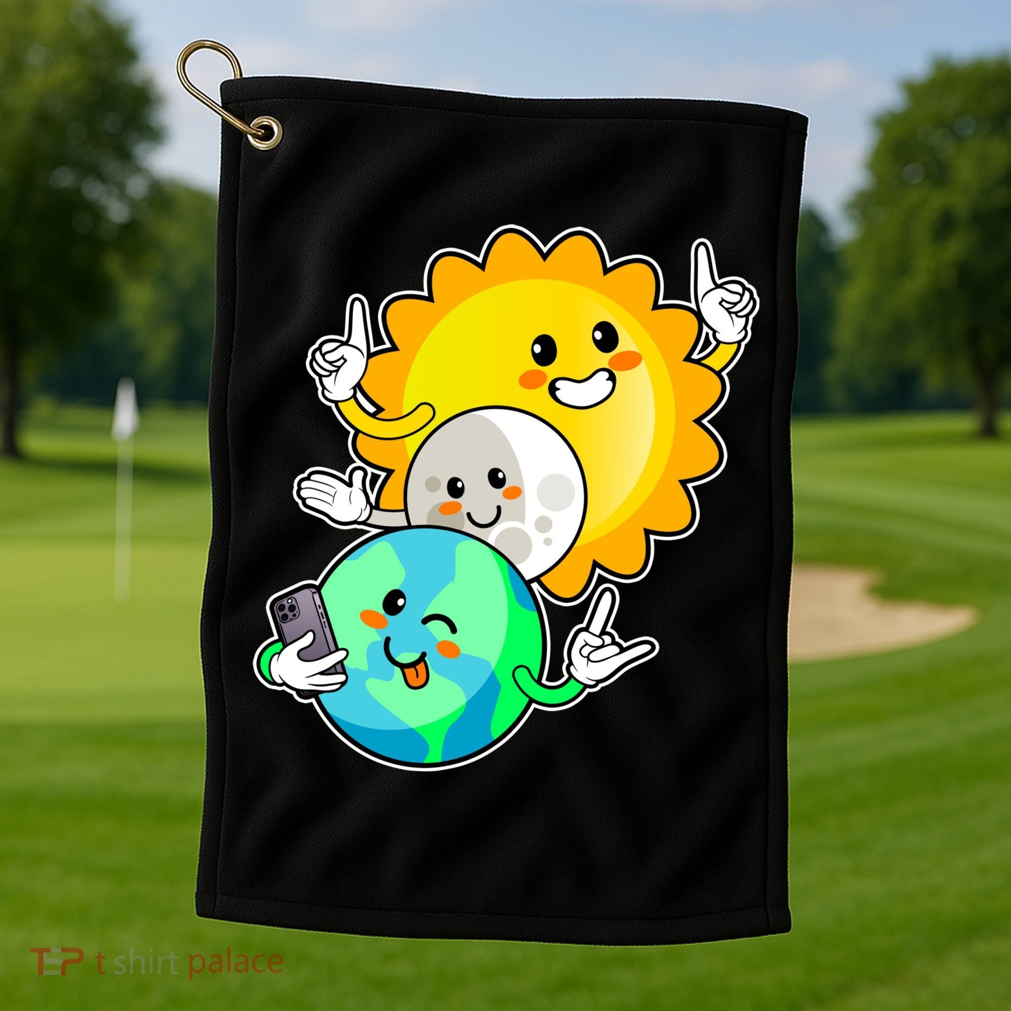 Funny Cute Total Solar Eclipse Earth Moon Sun Selfie Golf Towel