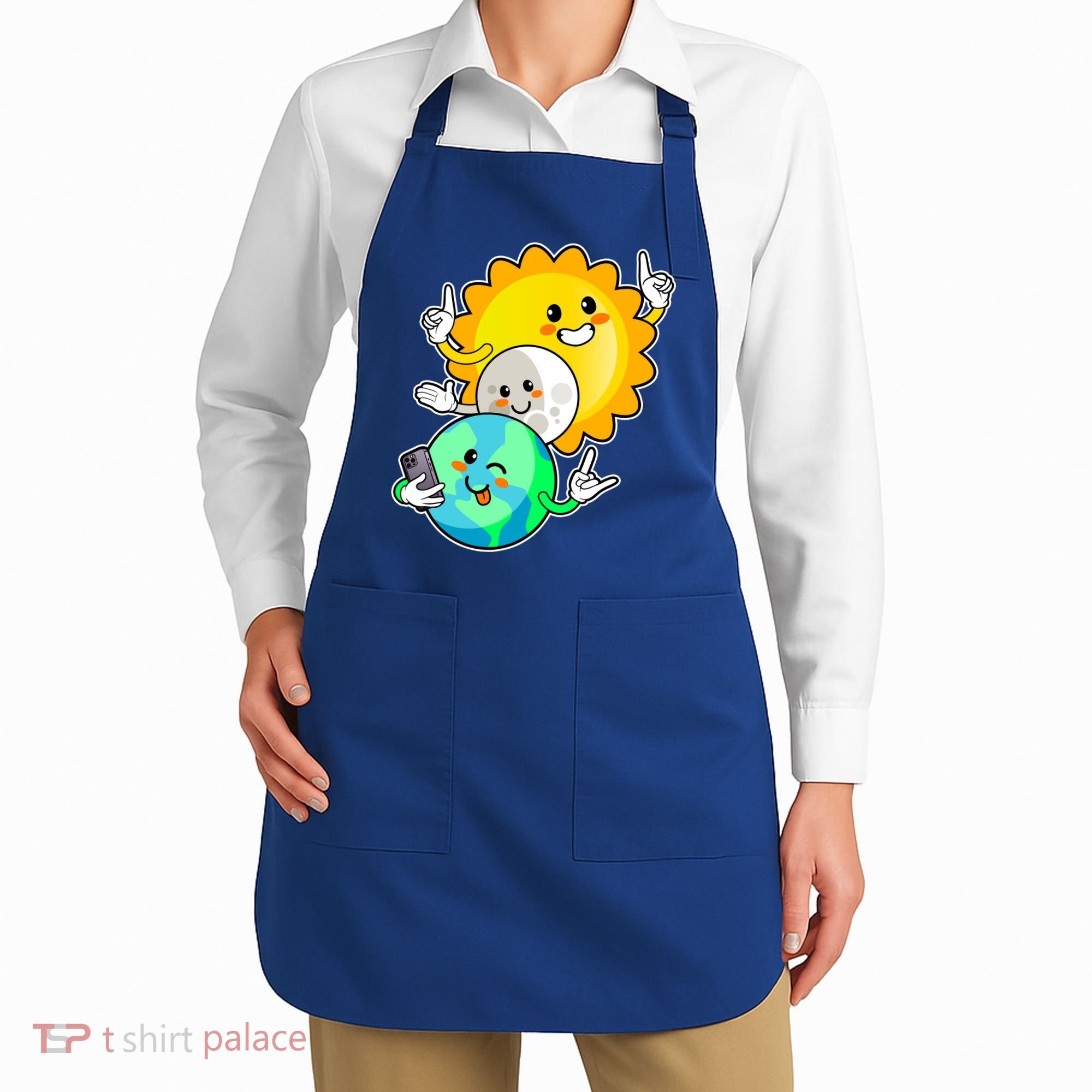Funny Cute Total Solar Eclipse Earth Moon Sun Selfie Apron