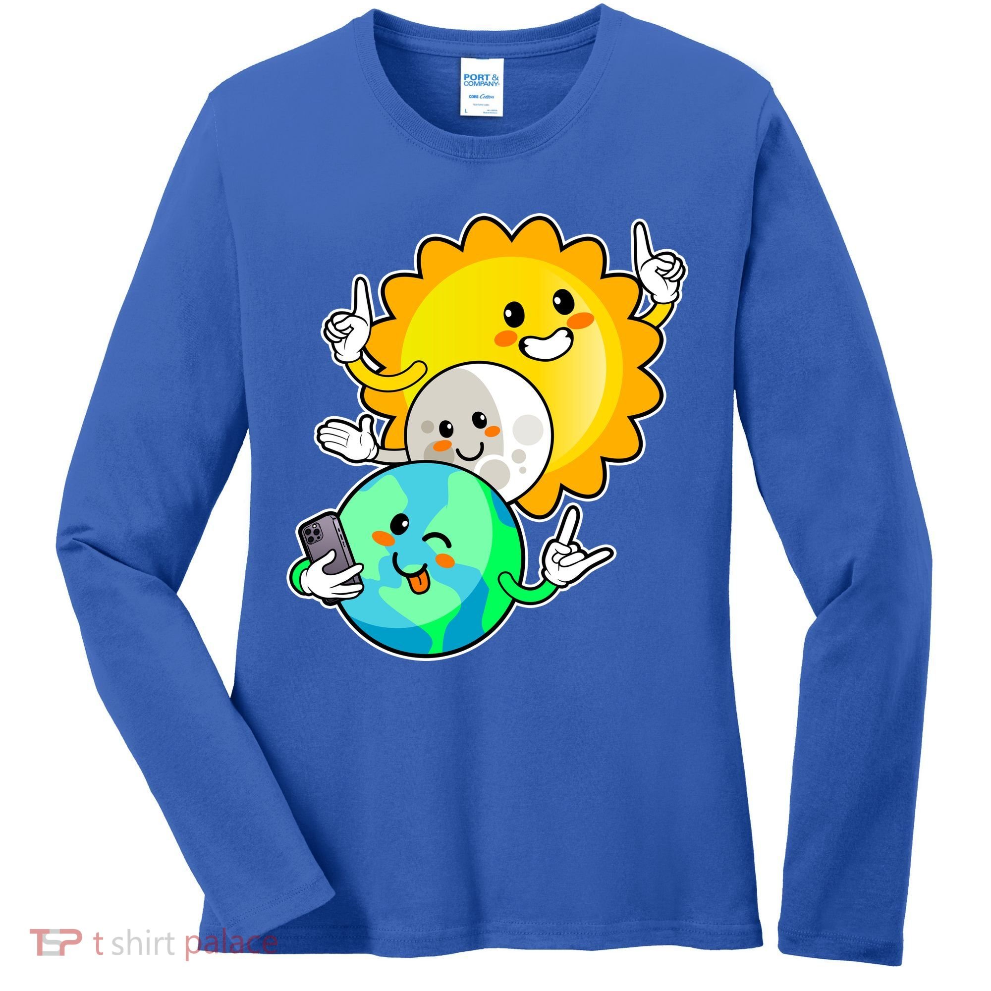 Funny Cute Total Solar Eclipse Earth Moon Sun Selfie Women's Long Sleeve Shirt