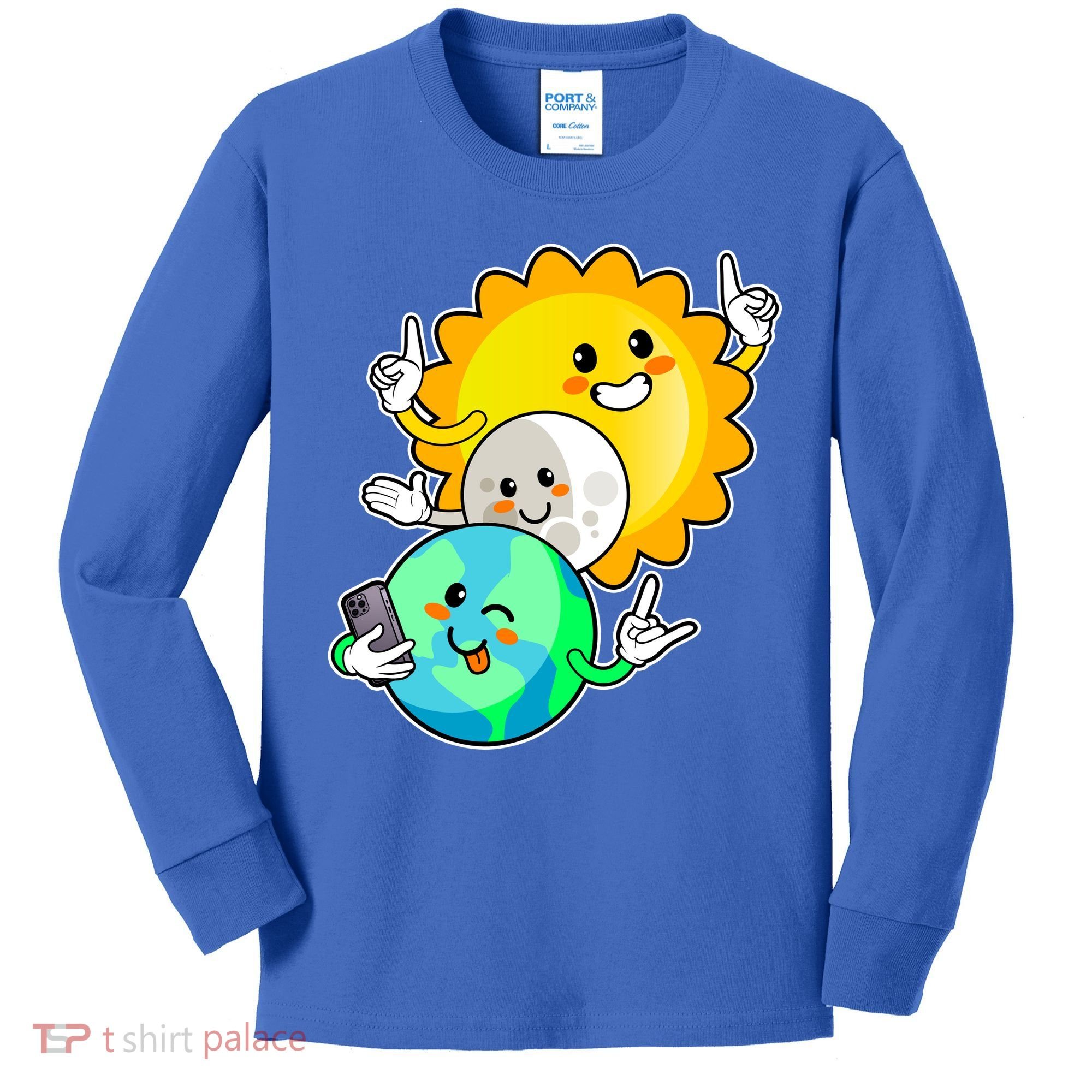 Funny Cute Total Solar Eclipse Earth Moon Sun Selfie Kids Long Sleeve Shirt