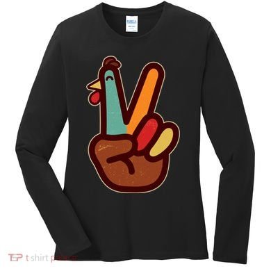 Funny Cute Thanksgiving Hand Turkey Peace Sign Women's Long Sleeve Shirt