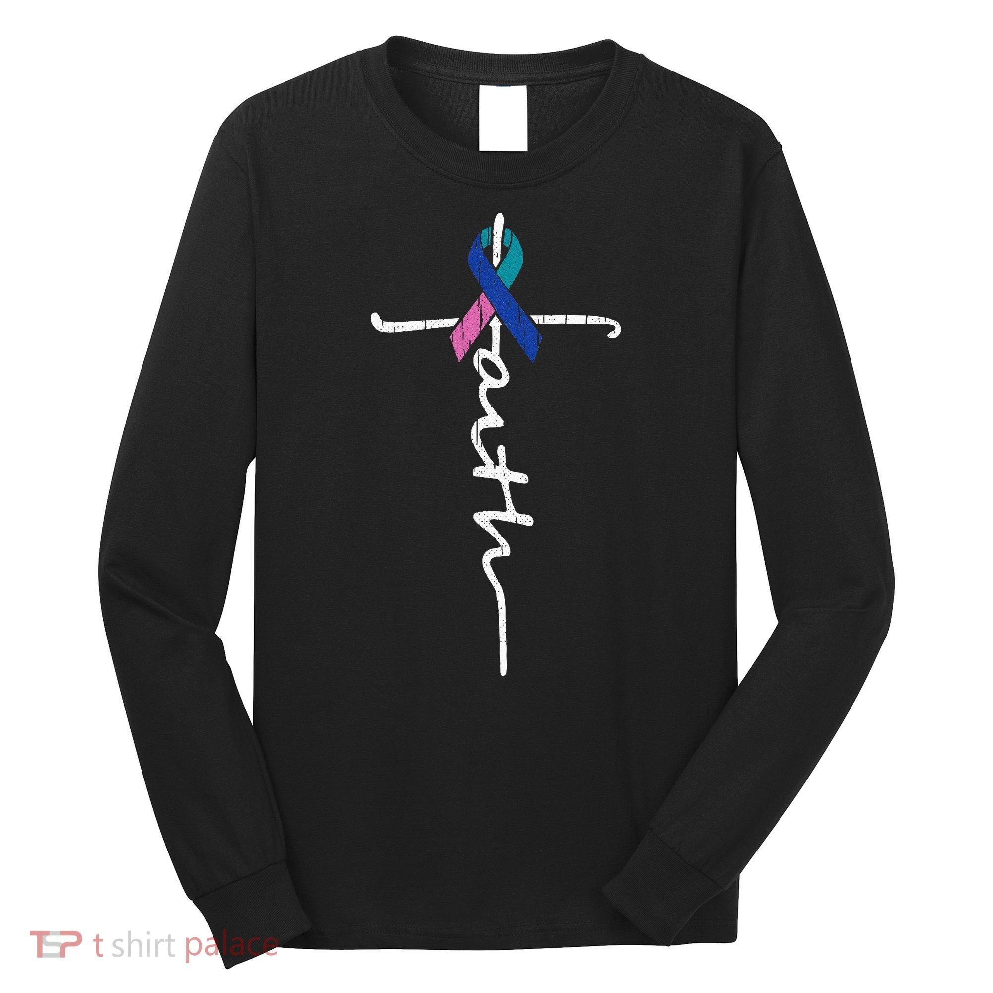 Faith Cross Thyroid Cancer Awareness Warrior Survivor Long Sleeve Shirt