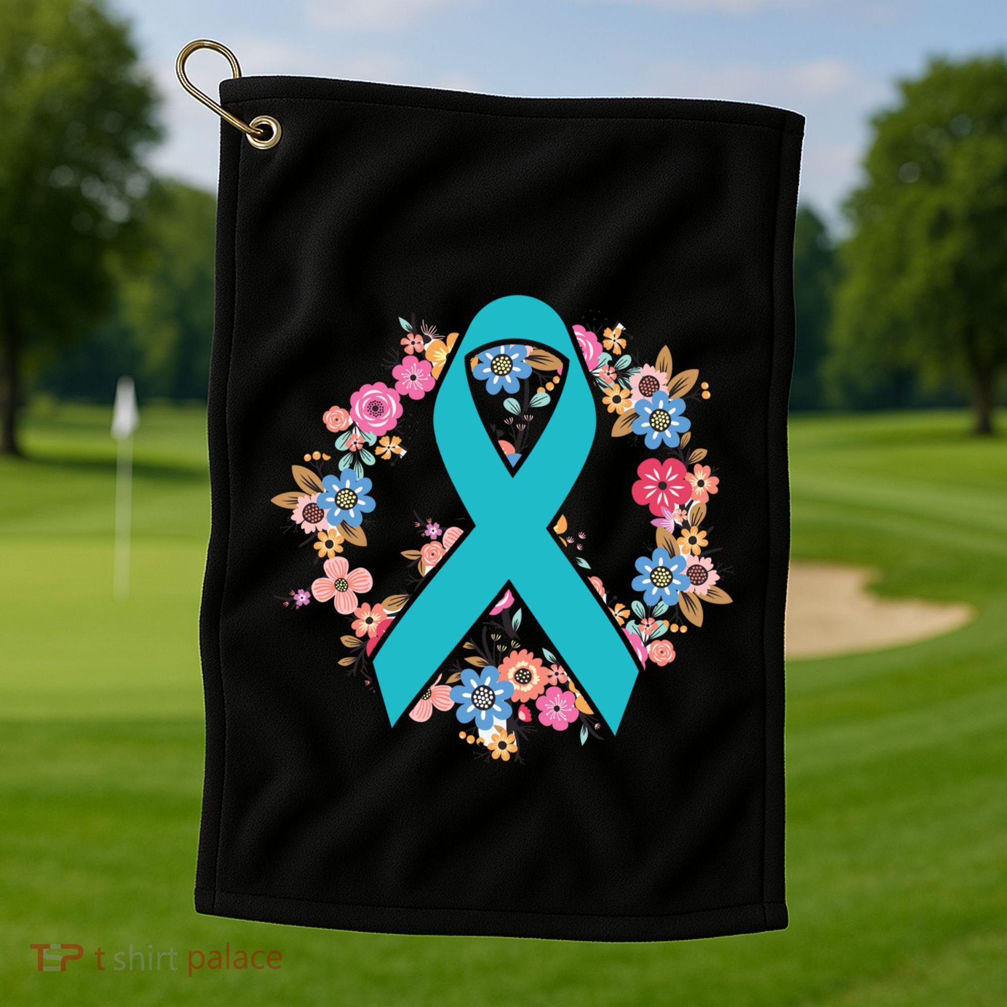 Flower Crown Teal Ribbon Ovarian Cancer Awareness Meaningful Gift Golf Towel
