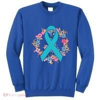 Flower Crown Teal Ribbon Ovarian Cancer Awareness Meaningful Gift Sweatshirt thumb 0