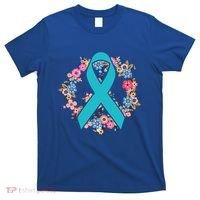 Flower Crown Teal Ribbon Ovarian Cancer Awareness Meaningful Gift T-Shirt thumb 0