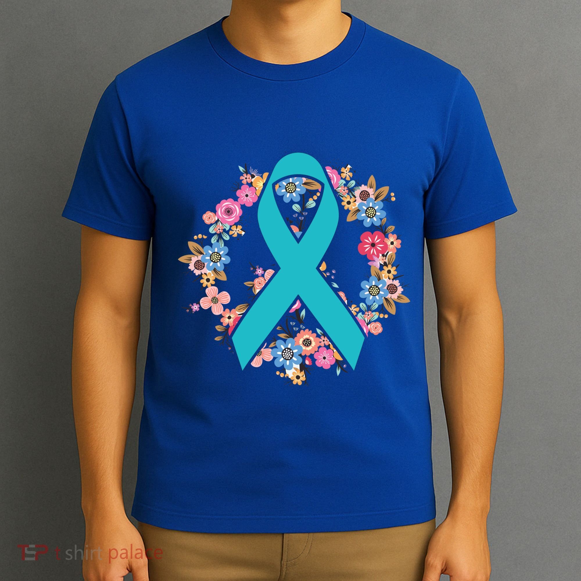 Flower Crown Teal Ribbon Ovarian Cancer Awareness Meaningful Gift T-Shirt