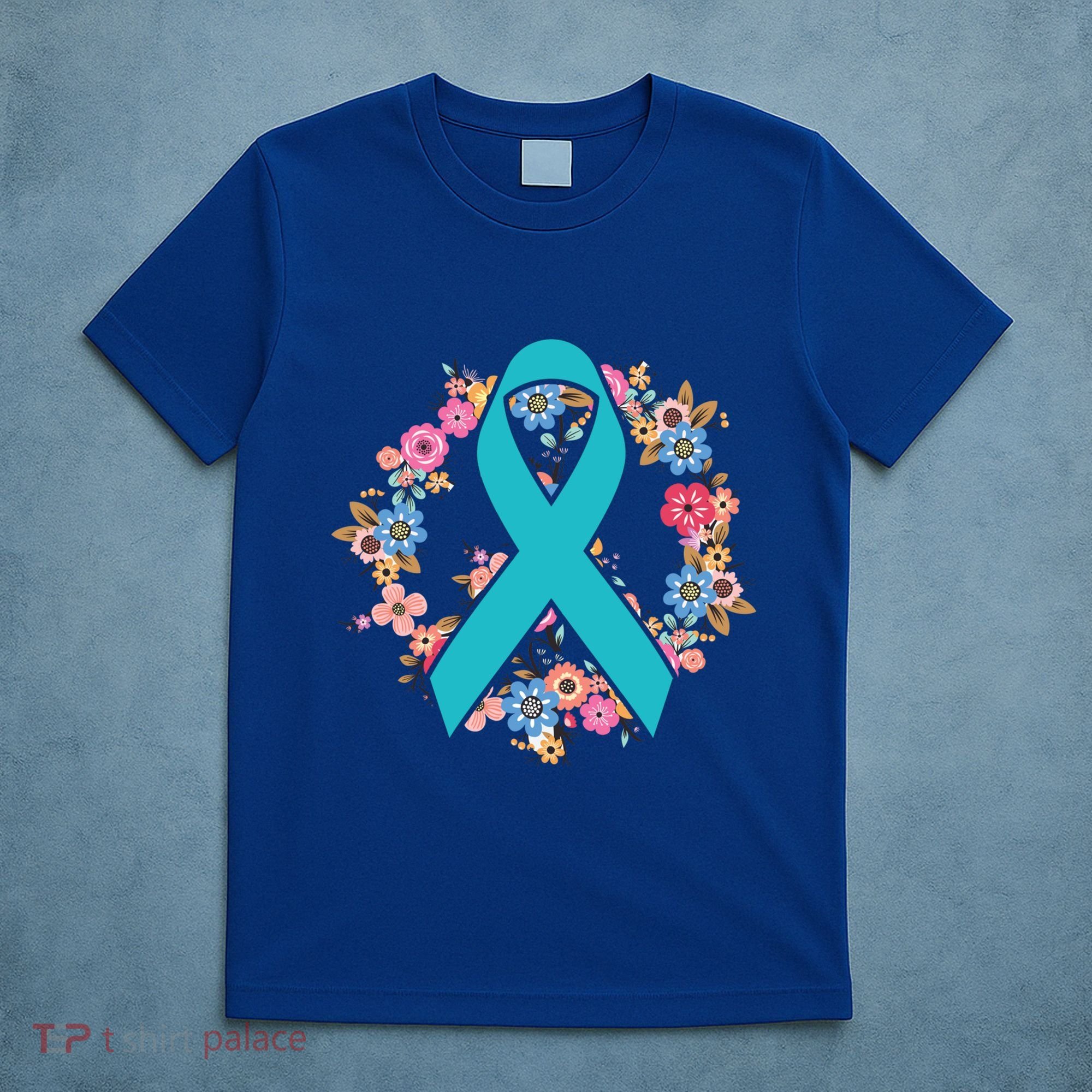 Flower Crown Teal Ribbon Ovarian Cancer Awareness Meaningful Gift T-Shirt