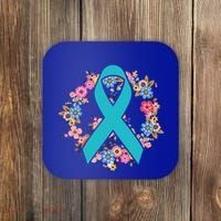 Flower Crown Teal Ribbon Ovarian Cancer Awareness Meaningful Gift Coaster thumb 0