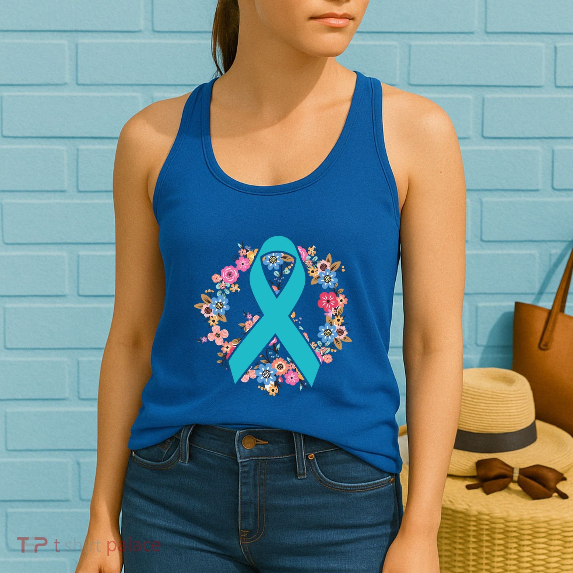 Flower Crown Teal Ribbon Ovarian Cancer Awareness Meaningful Gift Women's Tank Top