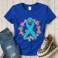 Flower Crown Teal Ribbon Ovarian Cancer Awareness Meaningful Gift Women's T-Shirt thumb 3