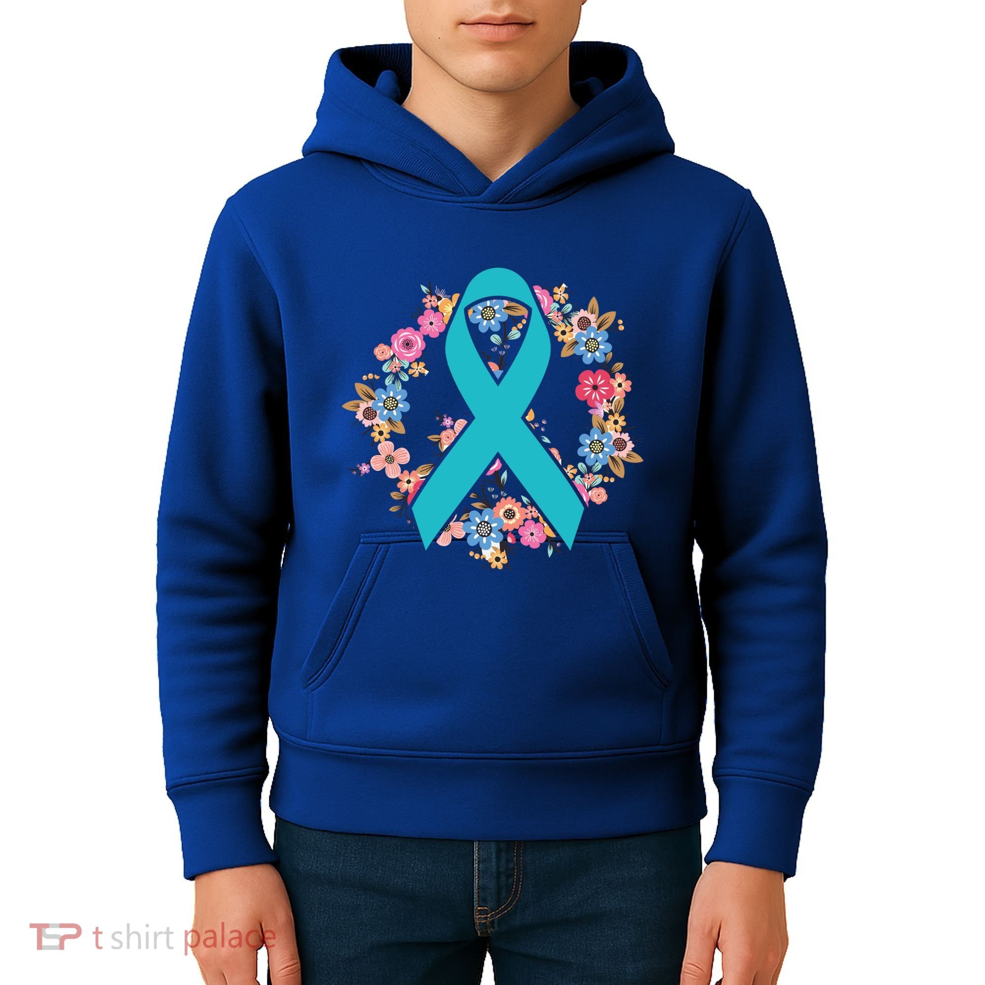 Flower Crown Teal Ribbon Ovarian Cancer Awareness Meaningful Gift Kids Hoodie