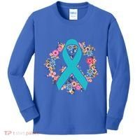 Flower Crown Teal Ribbon Ovarian Cancer Awareness Meaningful Gift Kids Long Sleeve Shirt thumb 0
