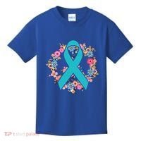 Flower Crown Teal Ribbon Ovarian Cancer Awareness Meaningful Gift Kids T-Shirt thumb 0