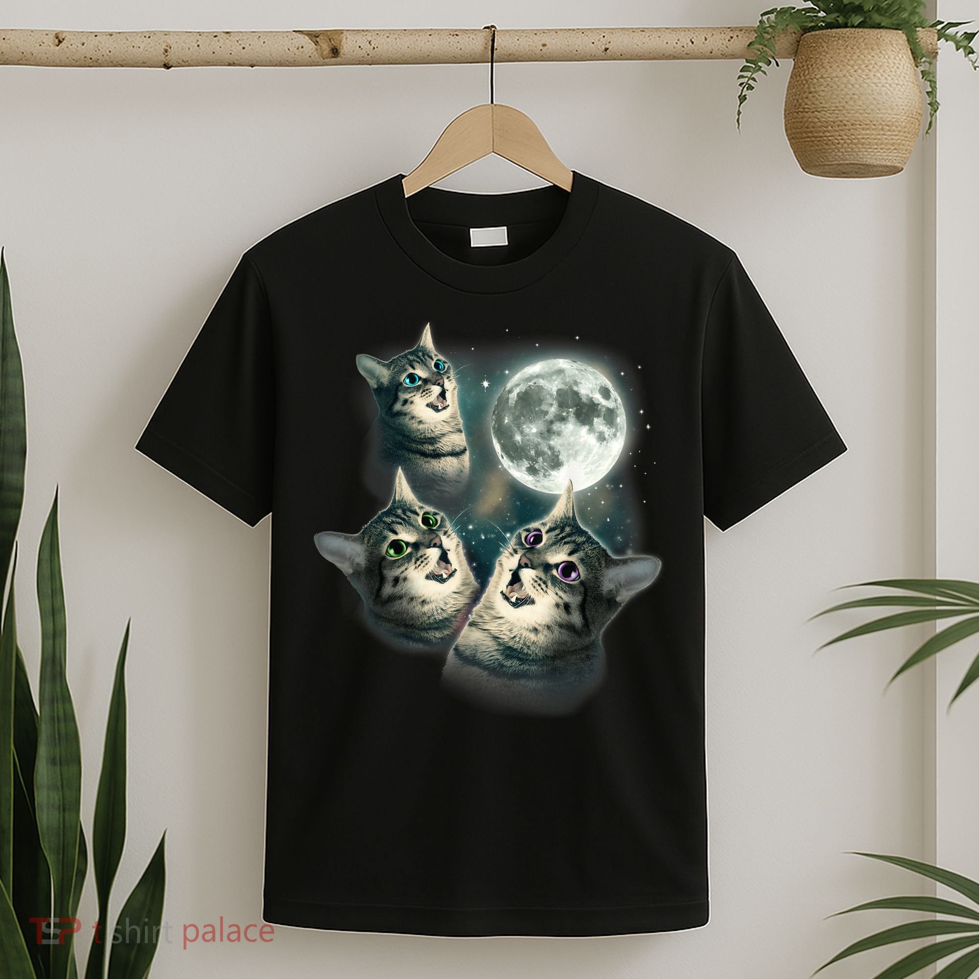 Funny Cat Three Cat Moon 3 Wolfs Cute Kitten Graphic T-Shirt