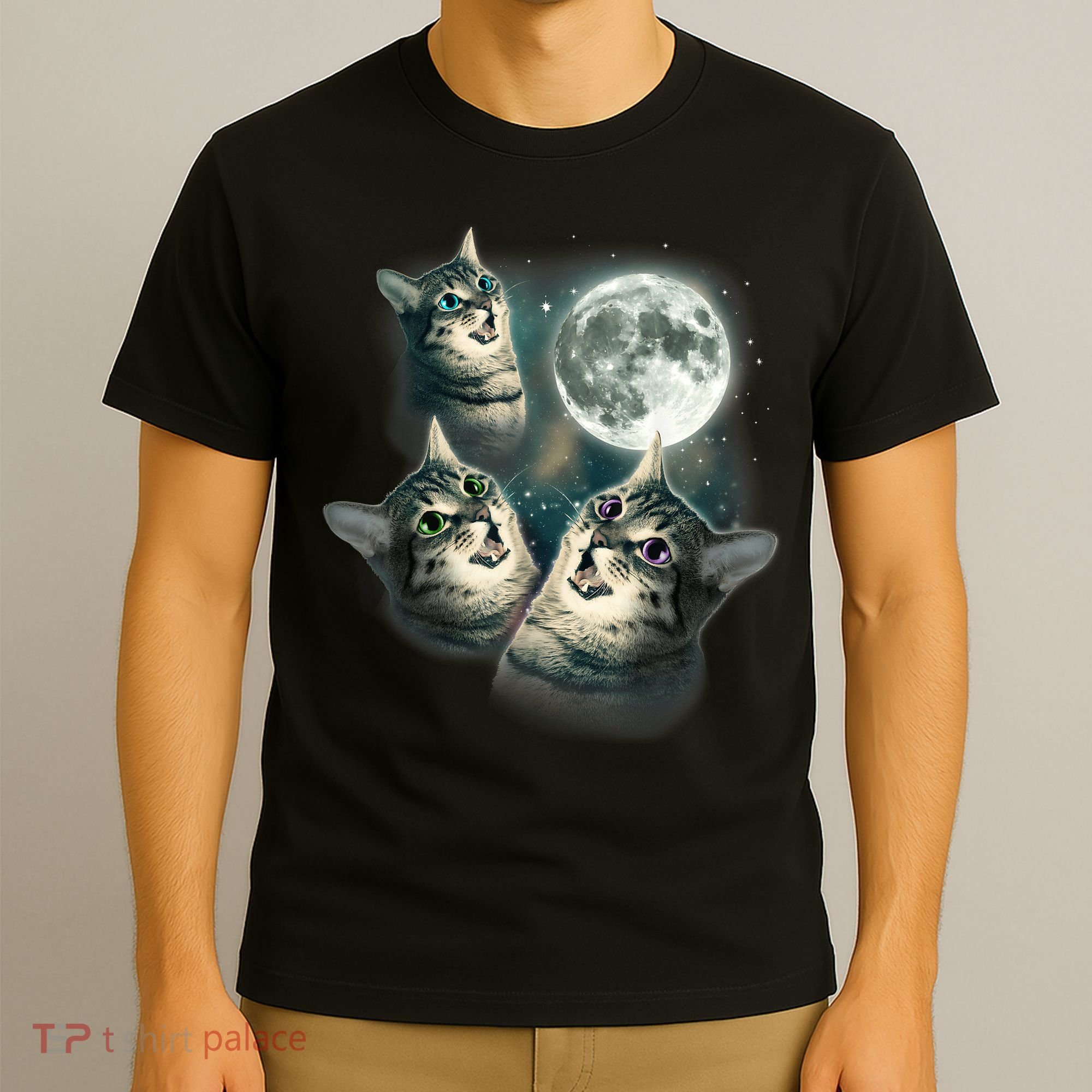 Funny Cat Three Cat Moon 3 Wolfs Cute Kitten Graphic T-Shirt