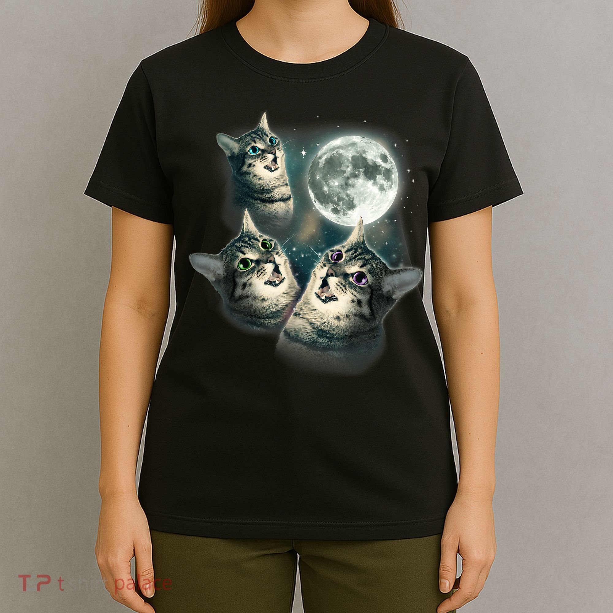 Funny Cat Three Cat Moon 3 Wolfs Cute Kitten Graphic T-Shirt