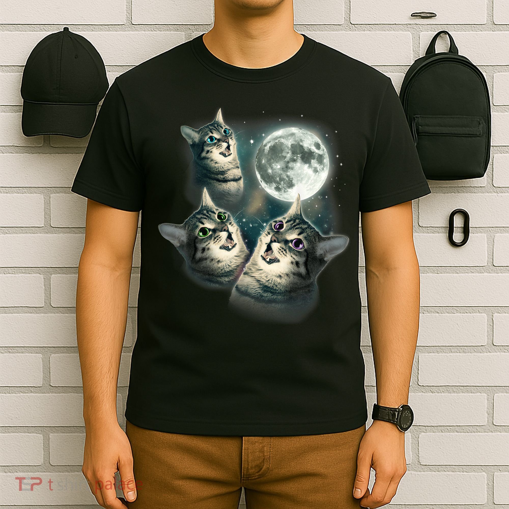 Funny Cat Three Cat Moon 3 Wolfs Cute Kitten Graphic T-Shirt